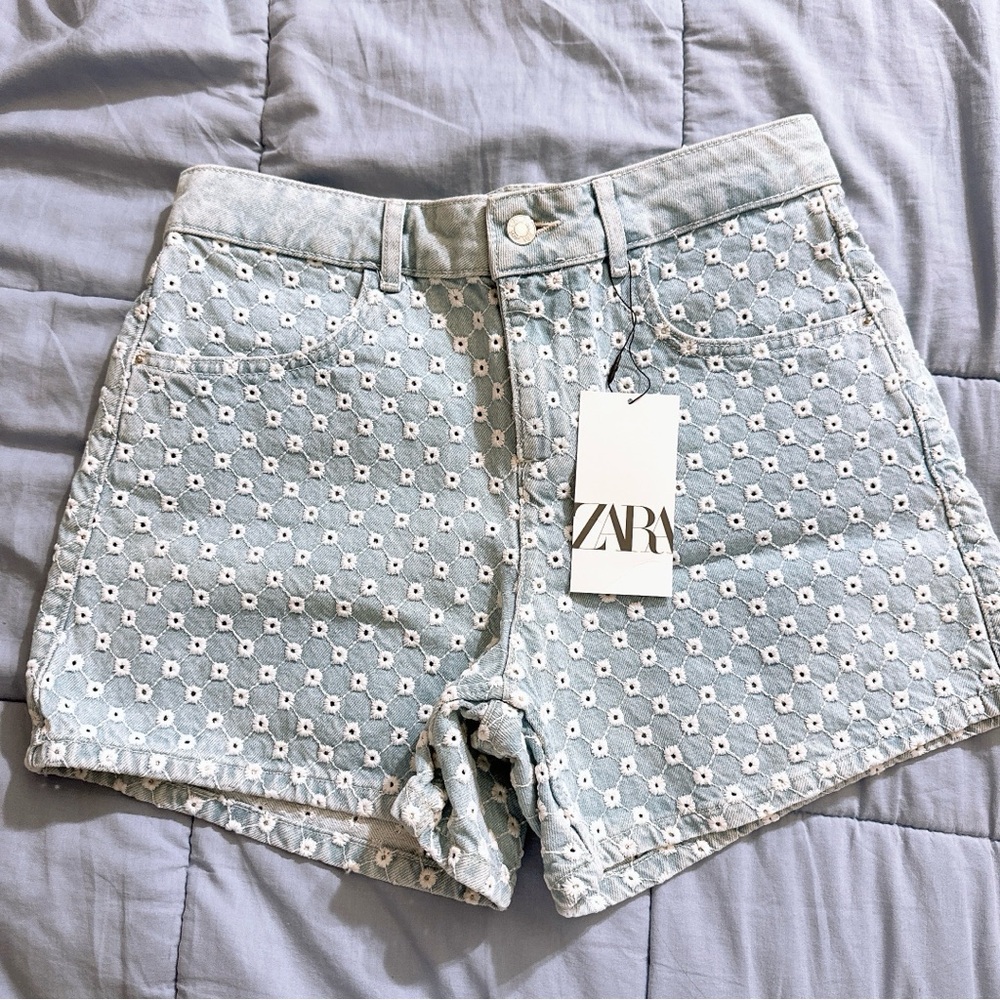 Zara Blue Floral Jean Shorts Embroidered
